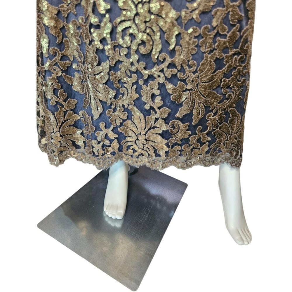 Tadashi Shoji Navy Gold Sequin Maxi Dress Sz6 Metallic Lace Overlay Formal Gown - Picture 6 of 9